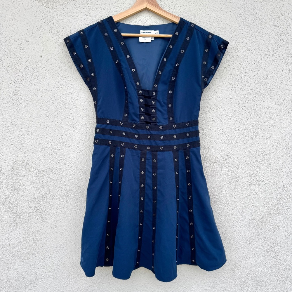Zac Posen SNAP ribbon DRESS 20th Anniversary collection V-Neck Dark Blue black 4 - Picture 3 of 10